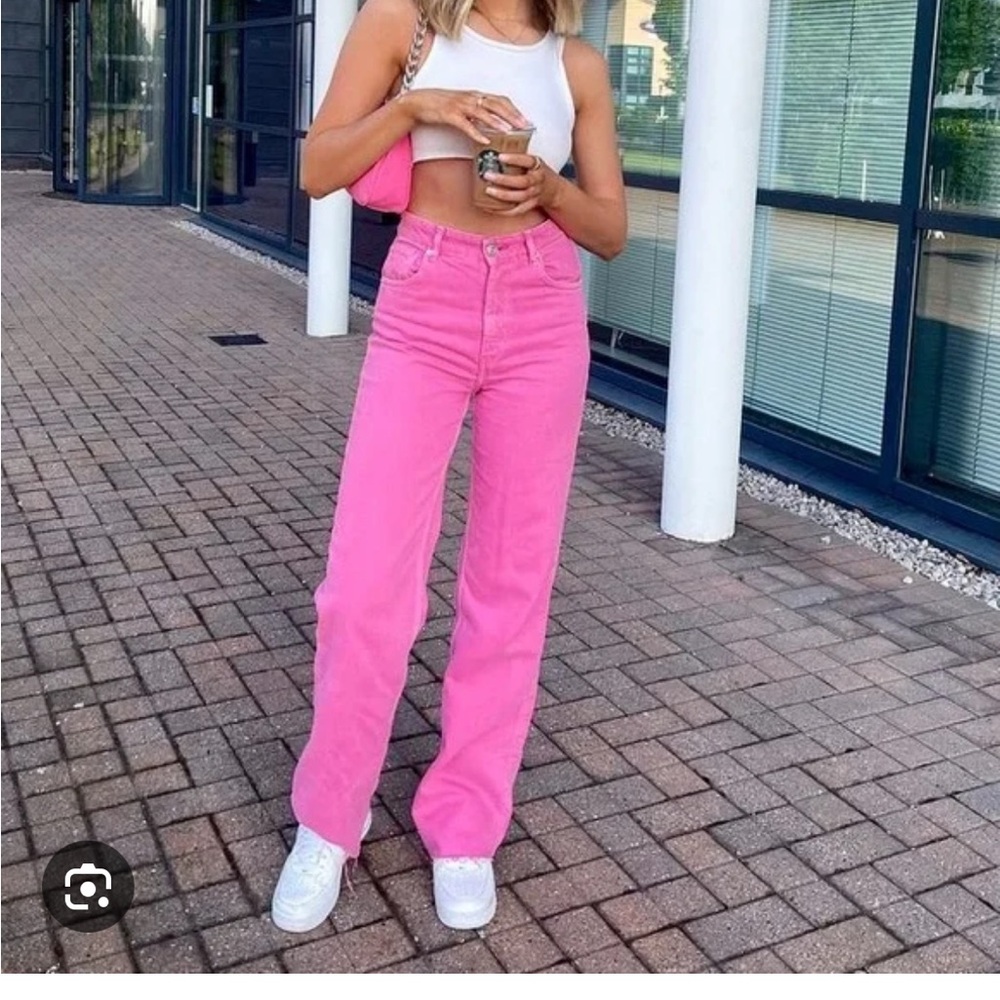 Zara high waist wide straight leg jeans in pink